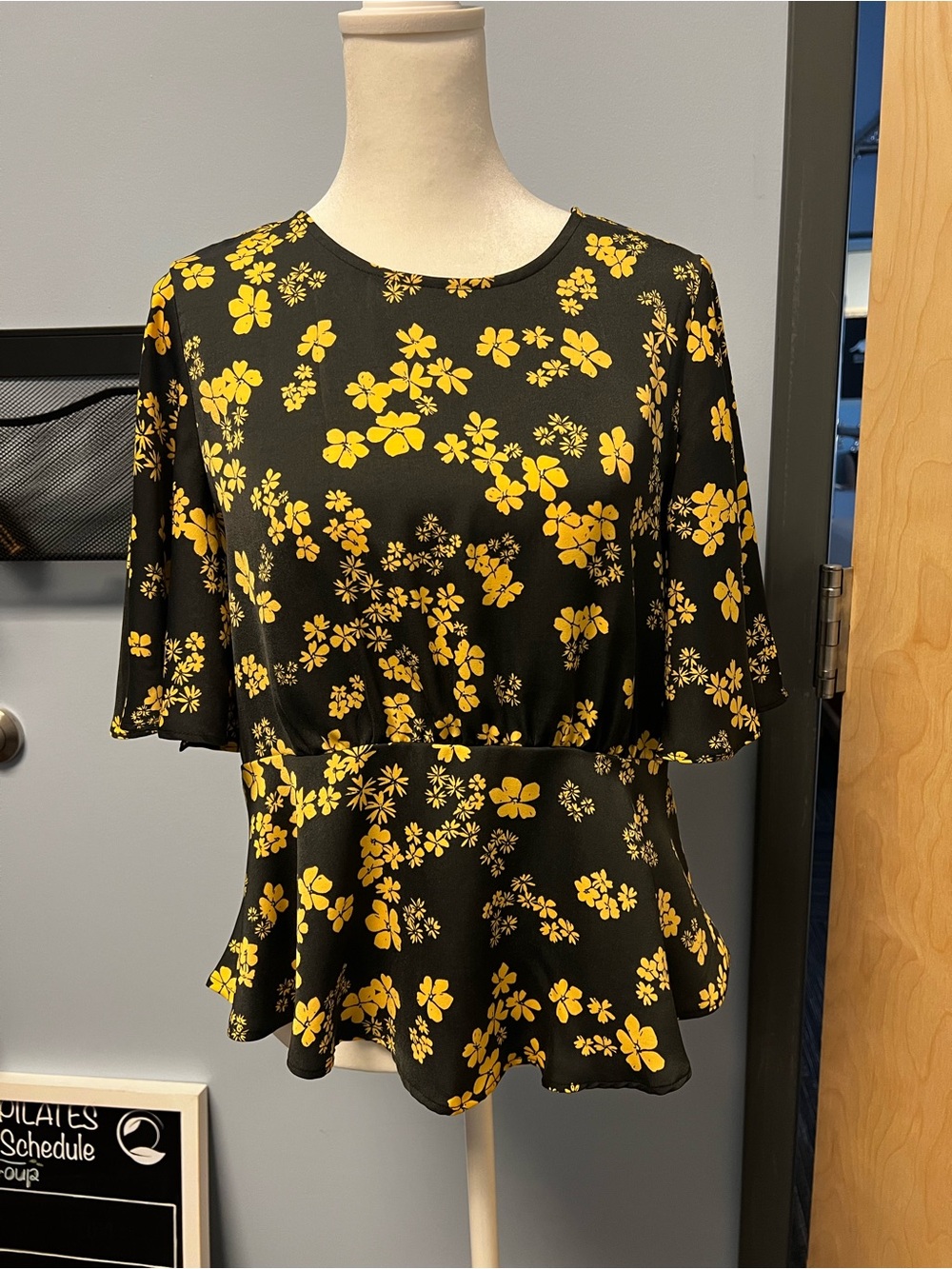 Who What Wear Black Floral Peplum Blouse with Yellow Print